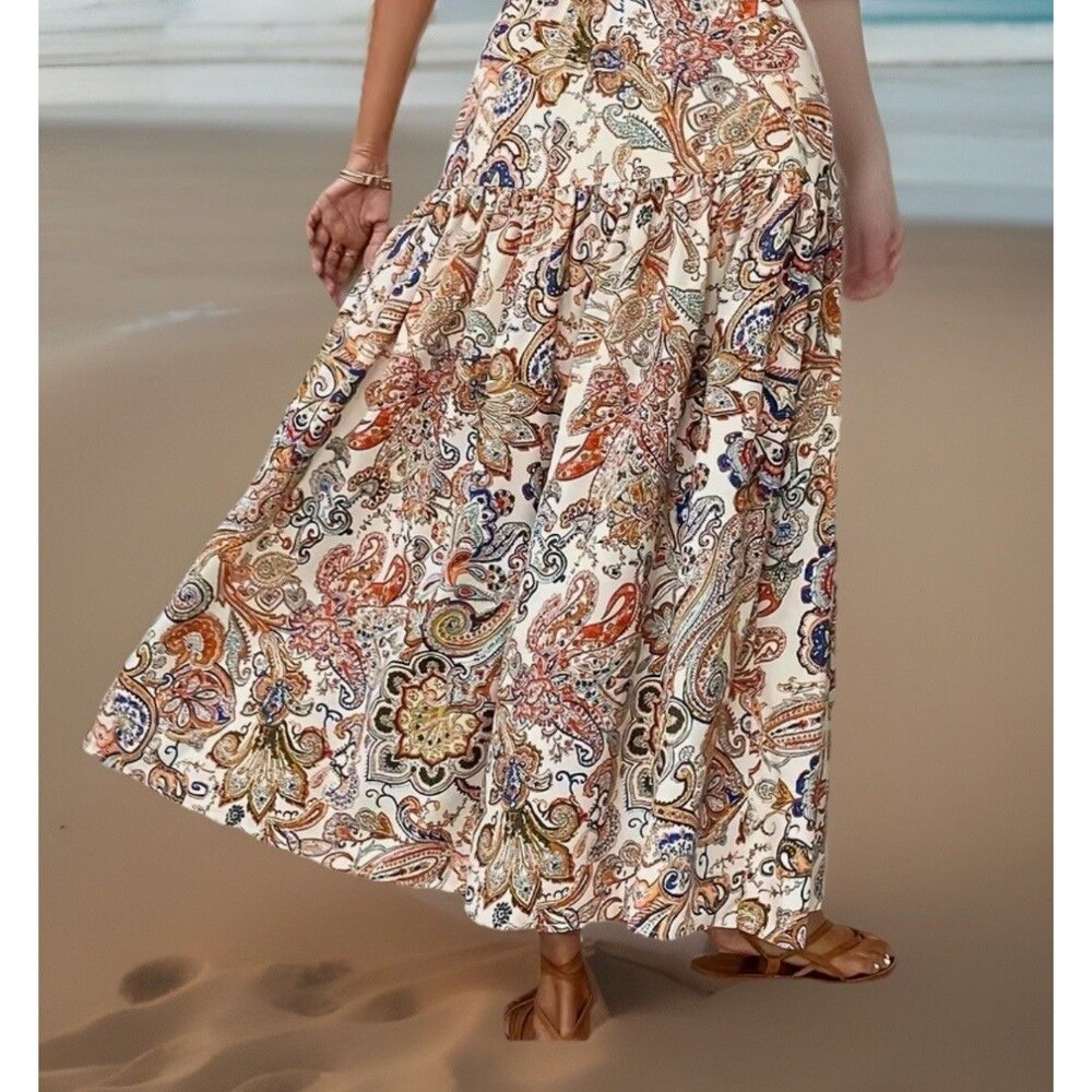 NWOT Boho Floral Paisley Tiered Maxi Skirt Small Earthy Festival Flowy High Rise